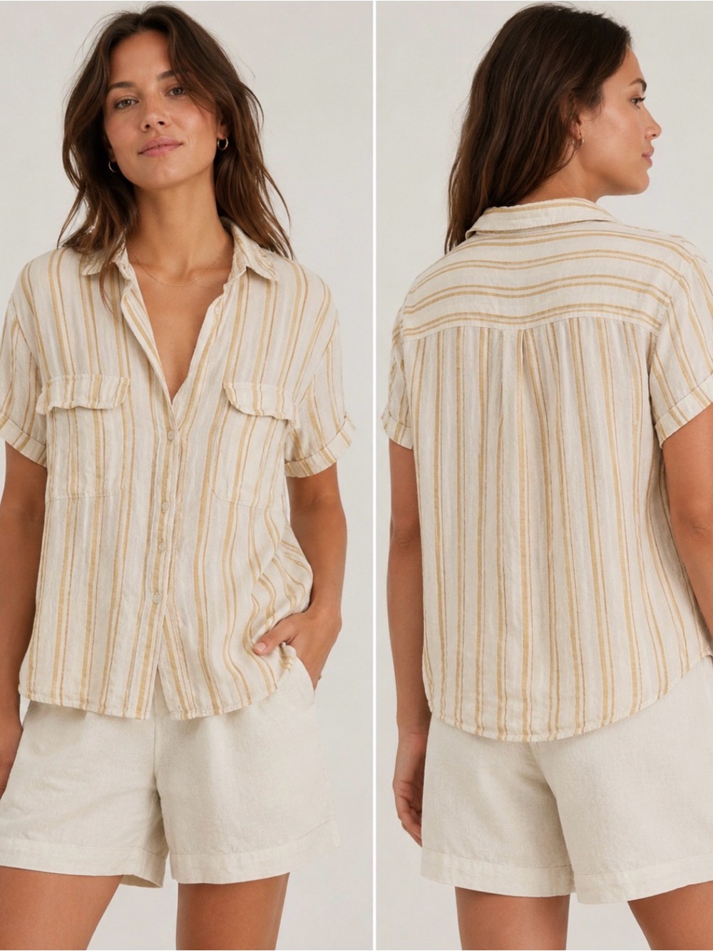 Everlane Cream and Beige Striped Short-Sleeve Button-Down Shirt